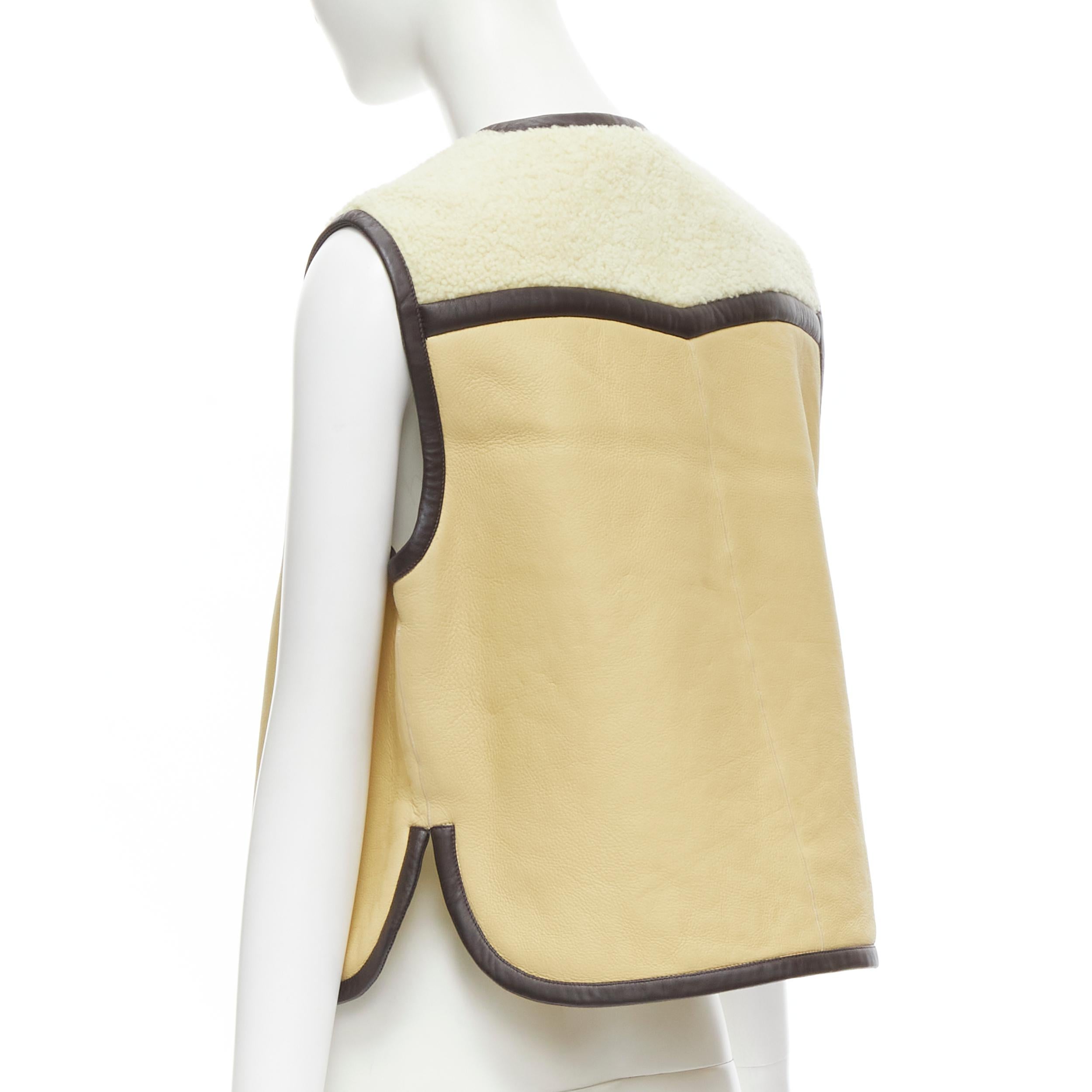 CHLOE beige brown leather colorblocked shearling lined zip vest  FR34 XS In Excellent Condition In Hong Kong, NT