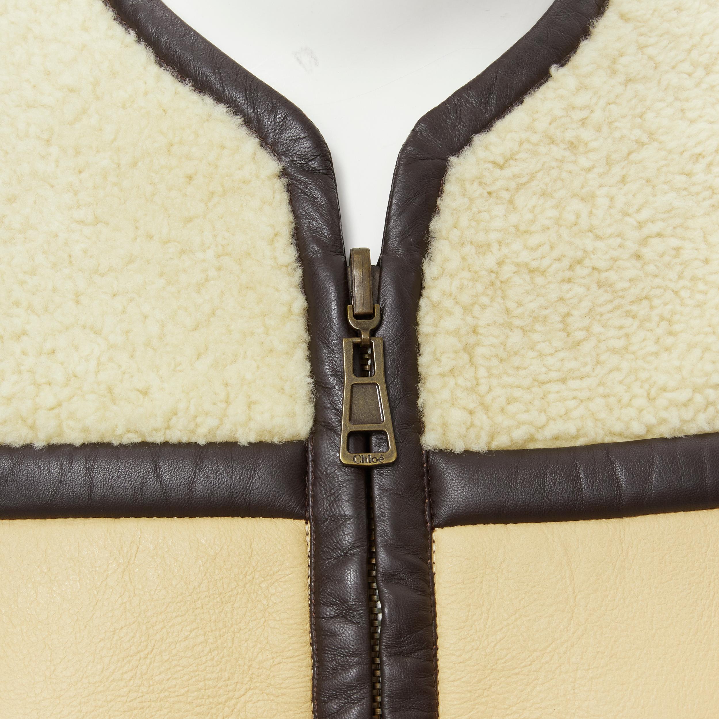 Women's CHLOE beige brown leather colorblocked shearling lined zip vest  FR34 XS