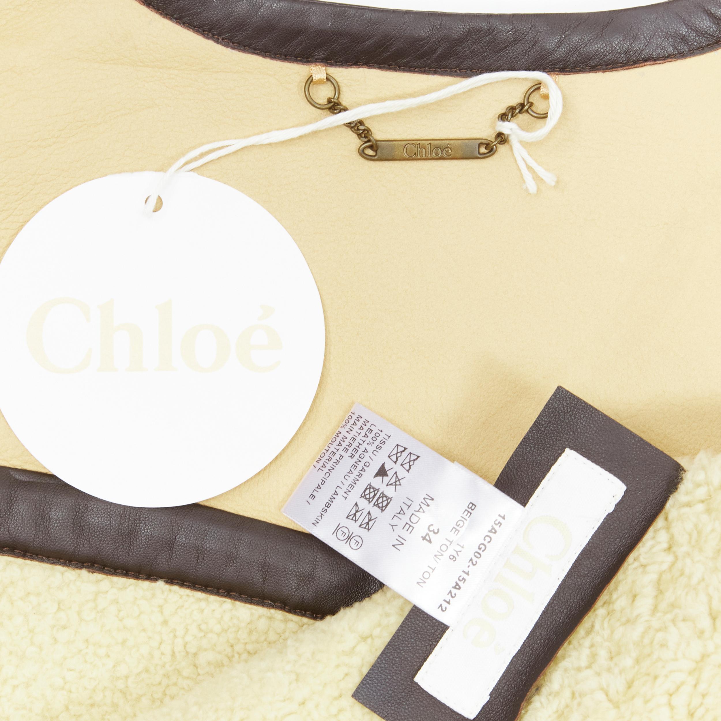 CHLOE beige brown leather colorblocked shearling lined zip vest  FR34 XS 1