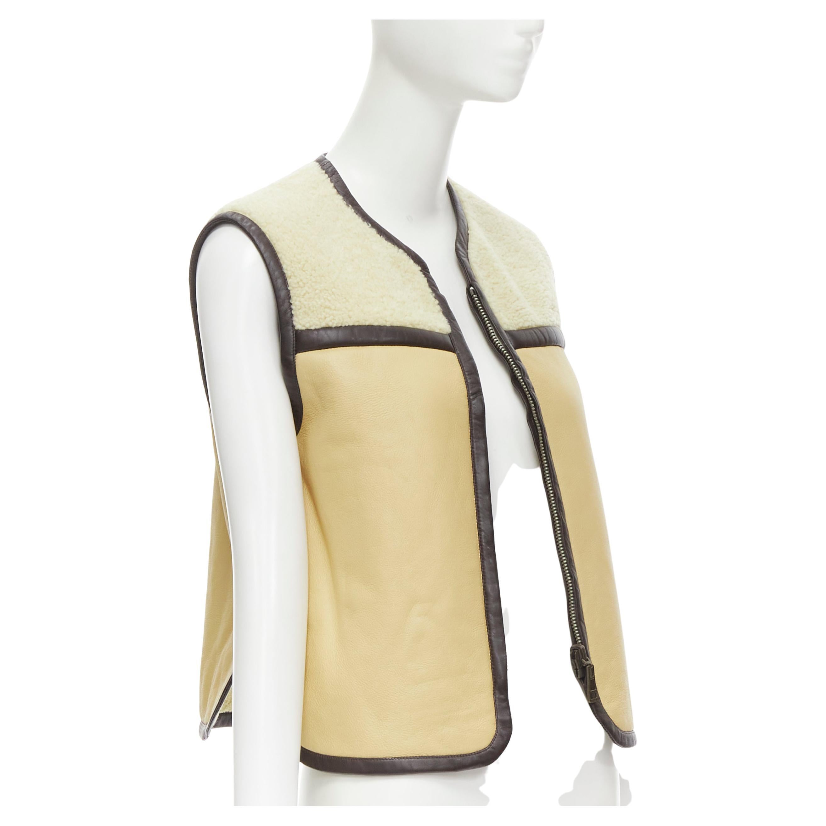 CHLOE beige brown leather colorblocked shearling lined zip vest  FR34 XS
