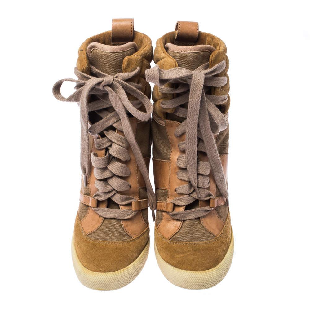Marron Chloe Beige/Brown Suede Leather And Canvas Lace Up Wedge Ankle Boots Taille 38