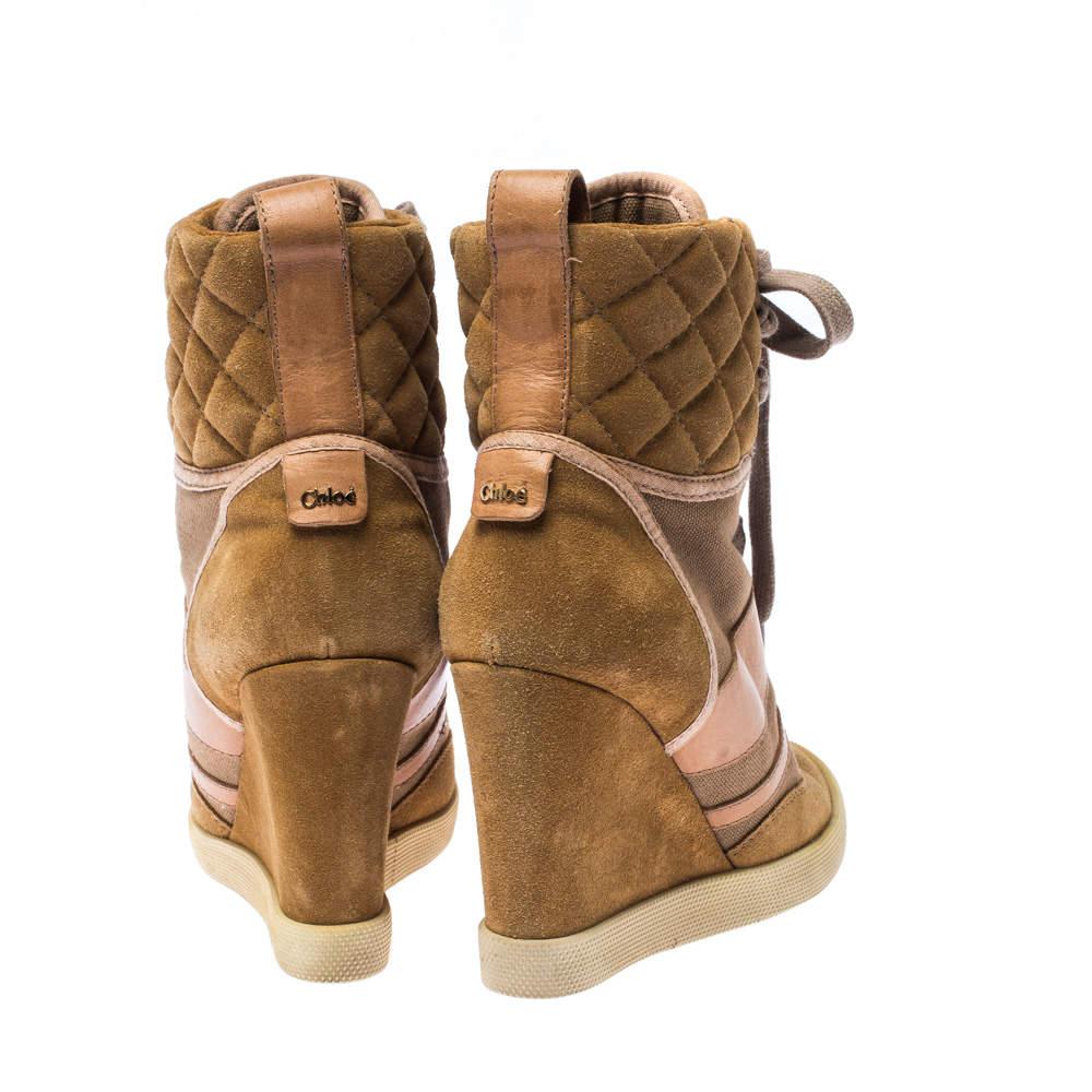  Chloe Beige/Brown Suede Leather And Canvas Lace Up Wedge Ankle Boots Taille 38 Pour femmes 