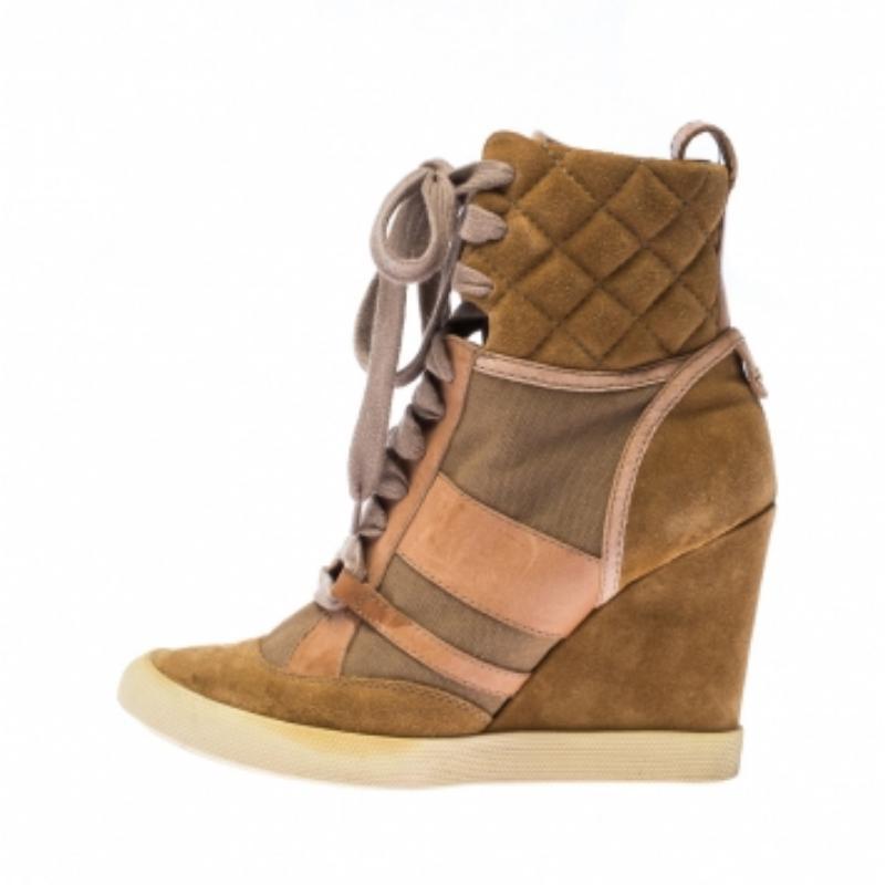  Chloe Beige/Brown Suede Leather And Canvas Lace Up Wedge Ankle Boots Taille 38 Pour femmes 