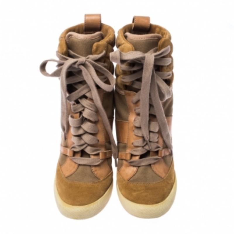 Chloe Beige/Brown Suede Leather And Canvas Lace Up Wedge Ankle Boots Taille 38 2
