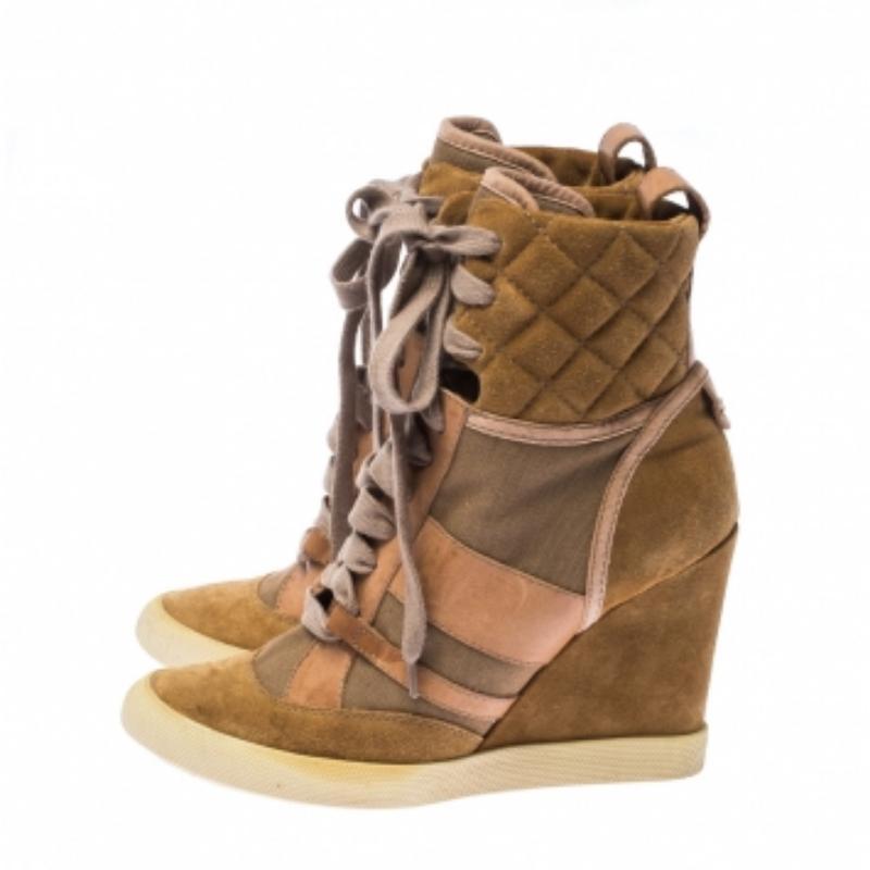 Chloe Beige/Brown Suede Leather And Canvas Lace Up Wedge Ankle Boots Taille 38 3