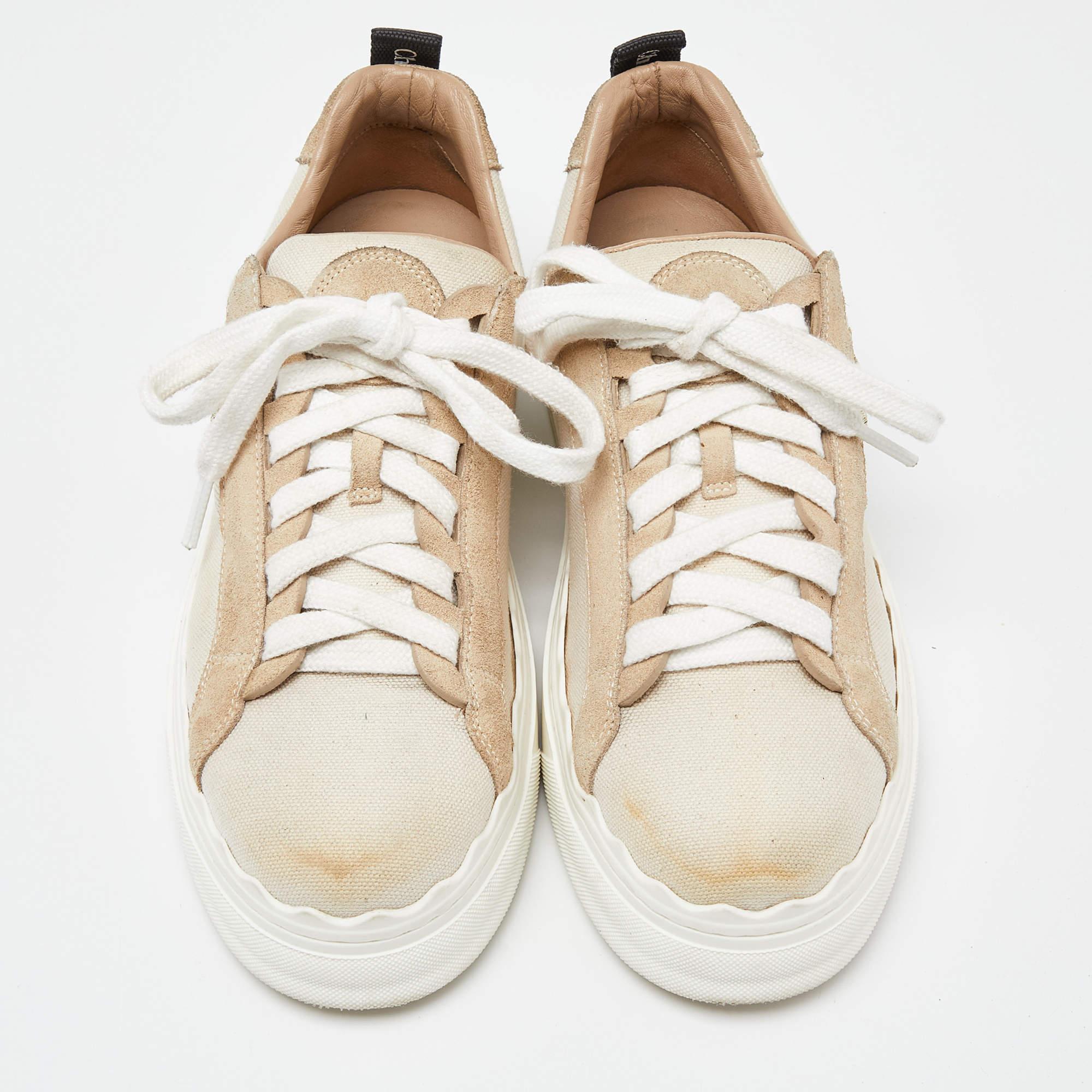 Chloé Beige Canvas and Suede Lauren Logo Embroidered Low Top Sneakers Size 39 In Fair Condition In Dubai, Al Qouz 2