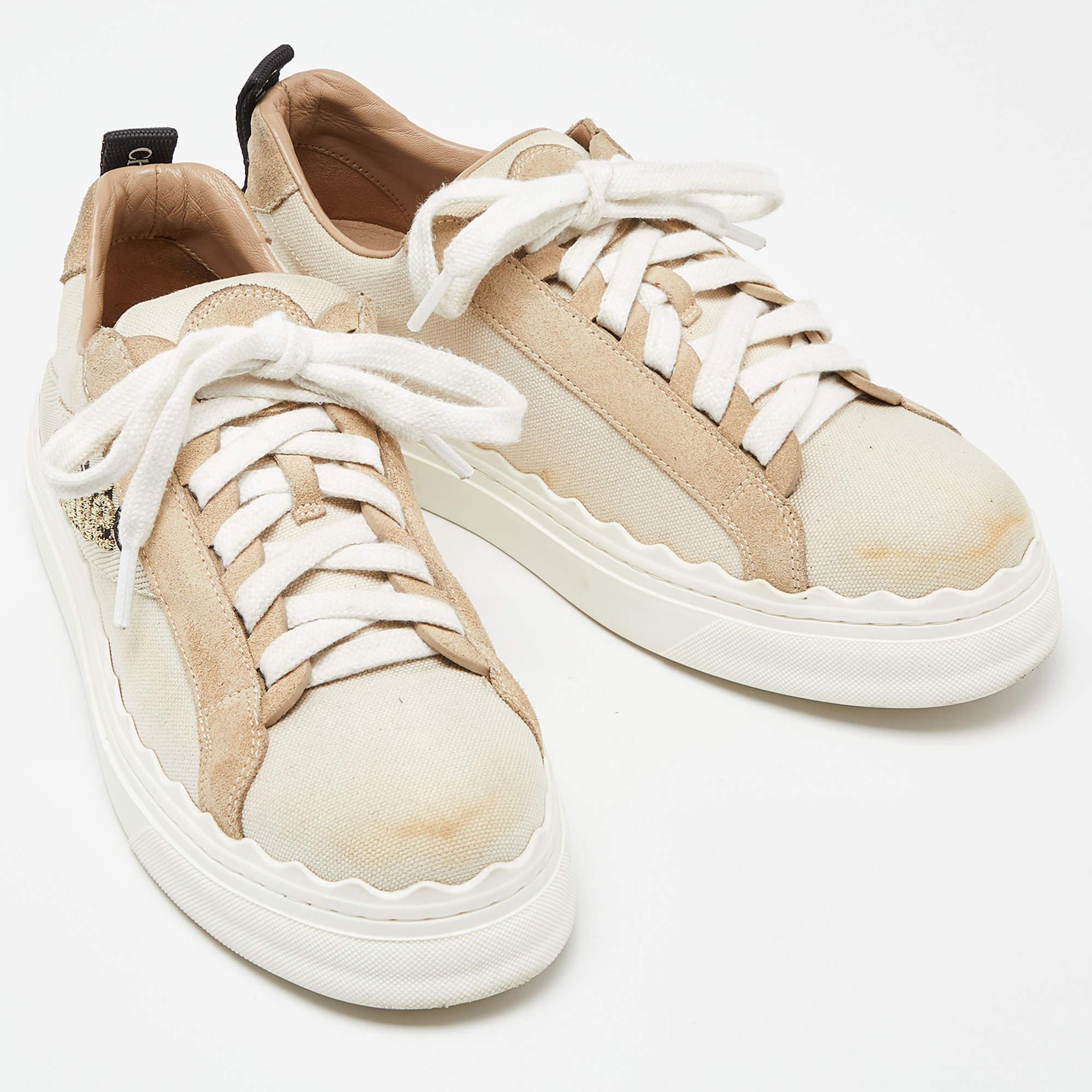 Women's Chloé Beige Canvas and Suede Lauren Logo Embroidered Low Top Sneakers Size 39