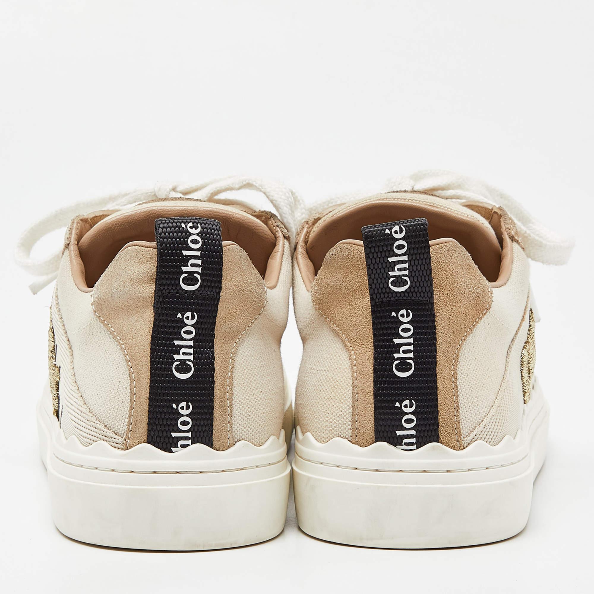 Chloé Beige Canvas and Suede Lauren Logo Embroidered Low Top Sneakers Size 39 1