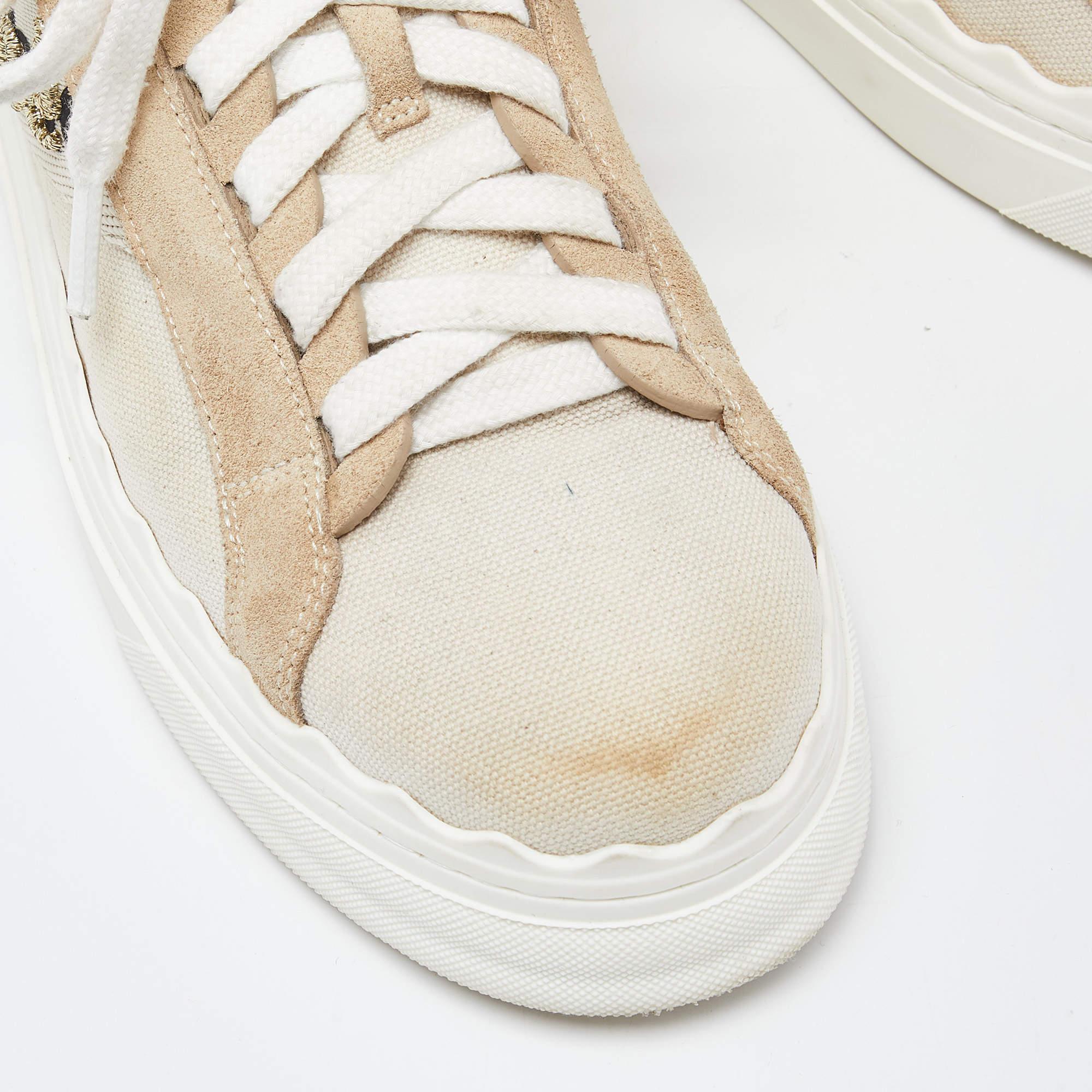 Chloé Beige Canvas and Suede Lauren Logo Embroidered Low Top Sneakers Size 39 3