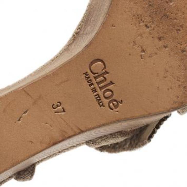 Chloe Beige Canvas Crystal Bow Ankle Strap Wedges Size 37 en vente 6