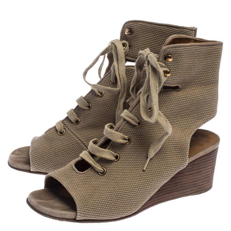 Women's Chloe Beige Canvas Ghillie Lace Up Wedge Sandals Size 36