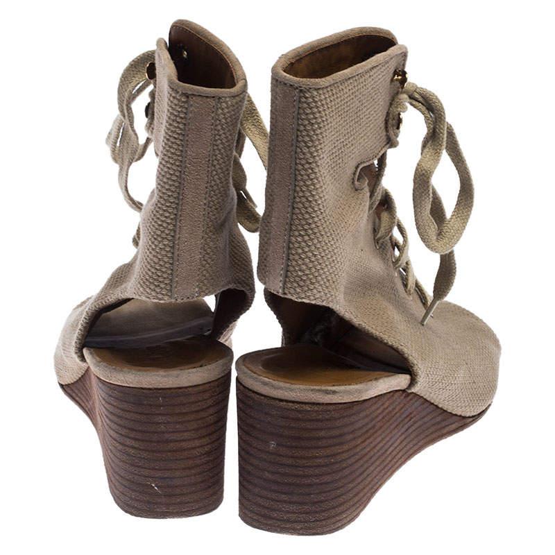 Chloe Beige Canvas Ghillie Lace Up Wedge Sandals Size 36 1