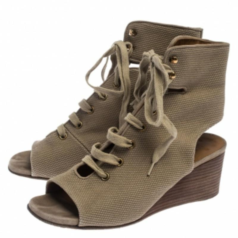 Chloe Beige Canvas Ghillie Lace Up Wedge Sandals Size 36 en venta 1