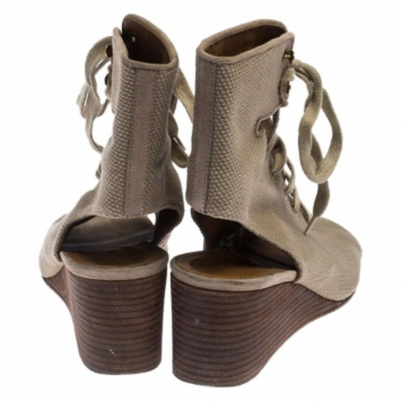 Chloe Beige Canvas Ghillie Lace Up Wedge Sandals Size 36 en venta 3