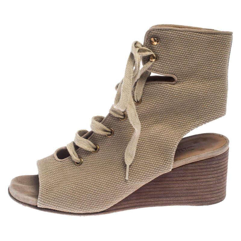 Chloe Beige Canvas Ghillie Lace Up Wedge Sandals Size 36