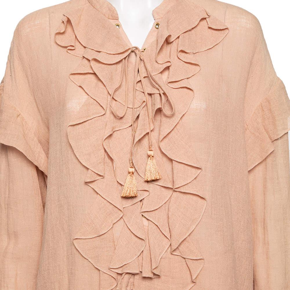 Women's Chloe Beige Cotton Ruffle and Lace Up Front Blouse M