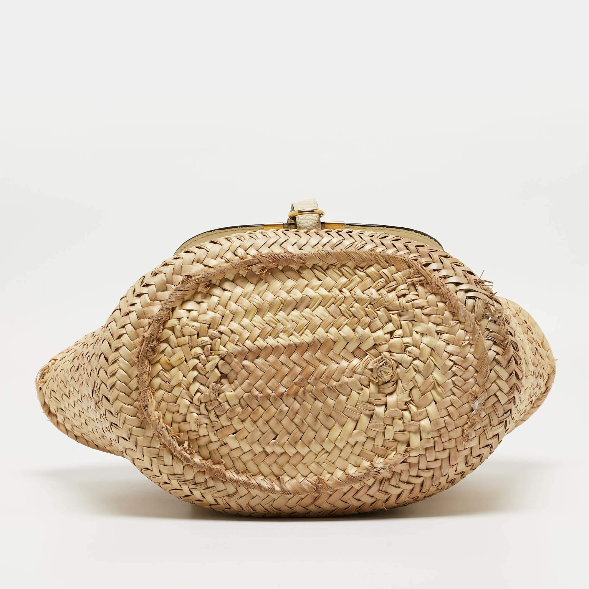 Chloe Beige/Cream Straw and Leather Medium Marcie Basket Bag 6