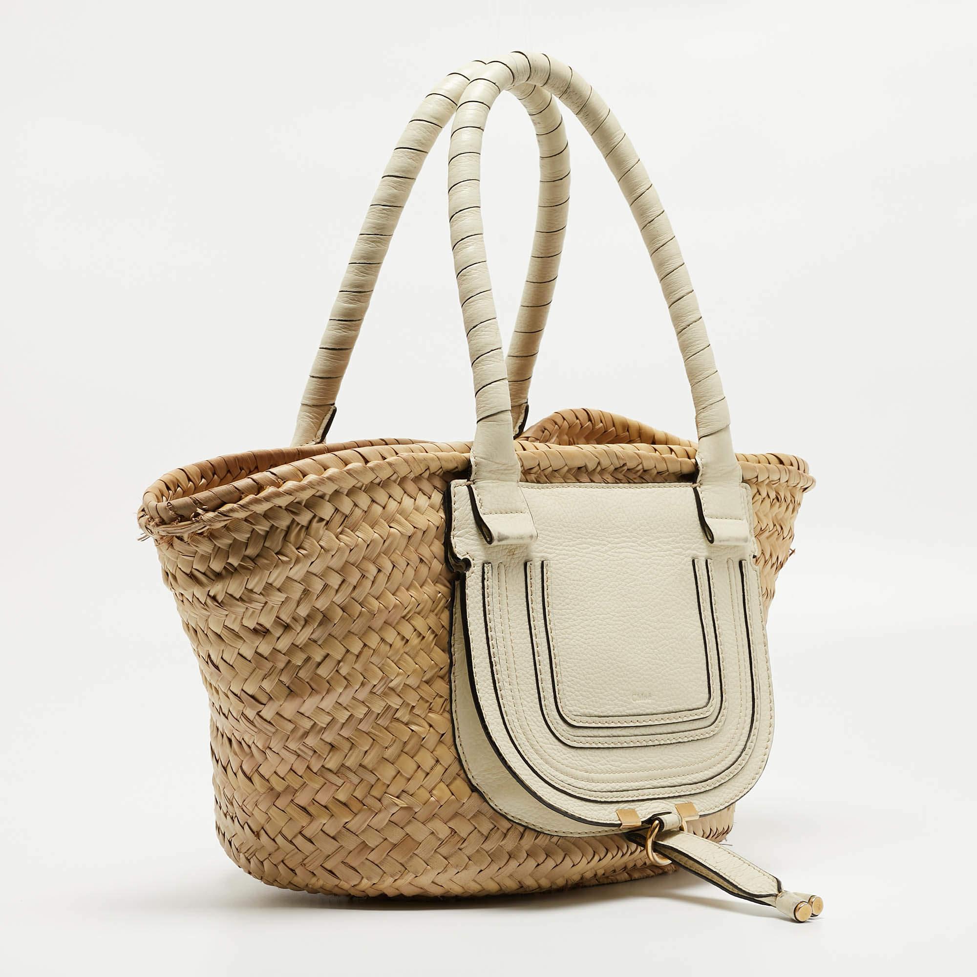 Chloe Beige/Cream Straw and Leather Medium Marcie Basket Bag 5