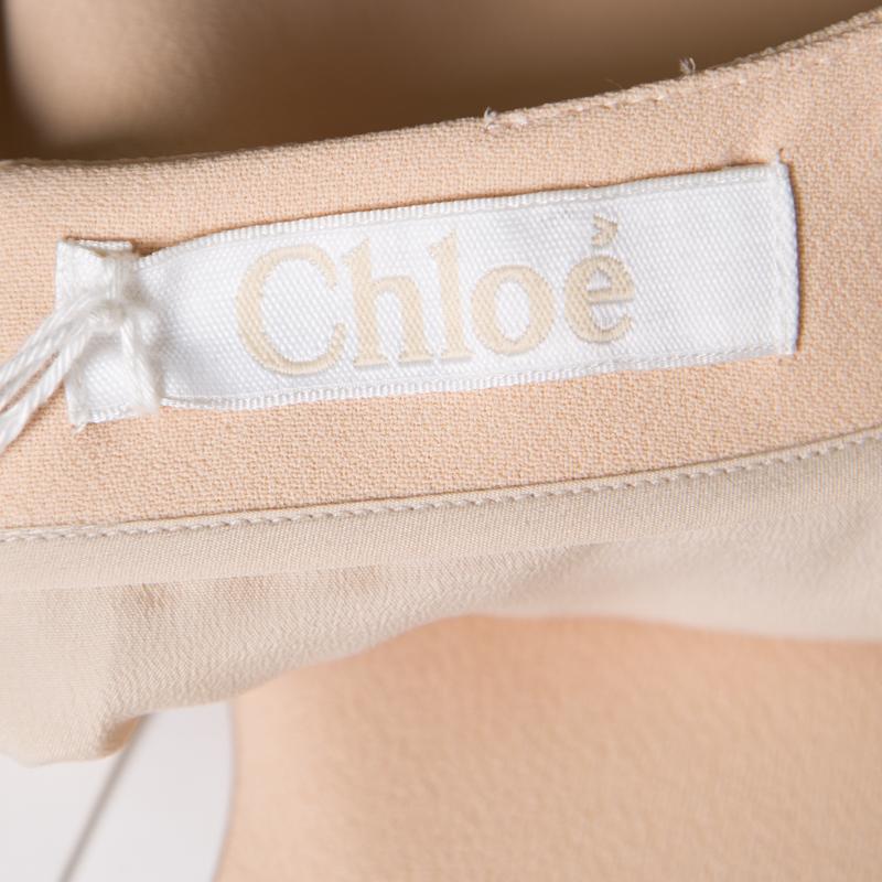 Chloe Beige Crepe Layered Ruffled Hem Long Sleeve Dress M For Sale 1