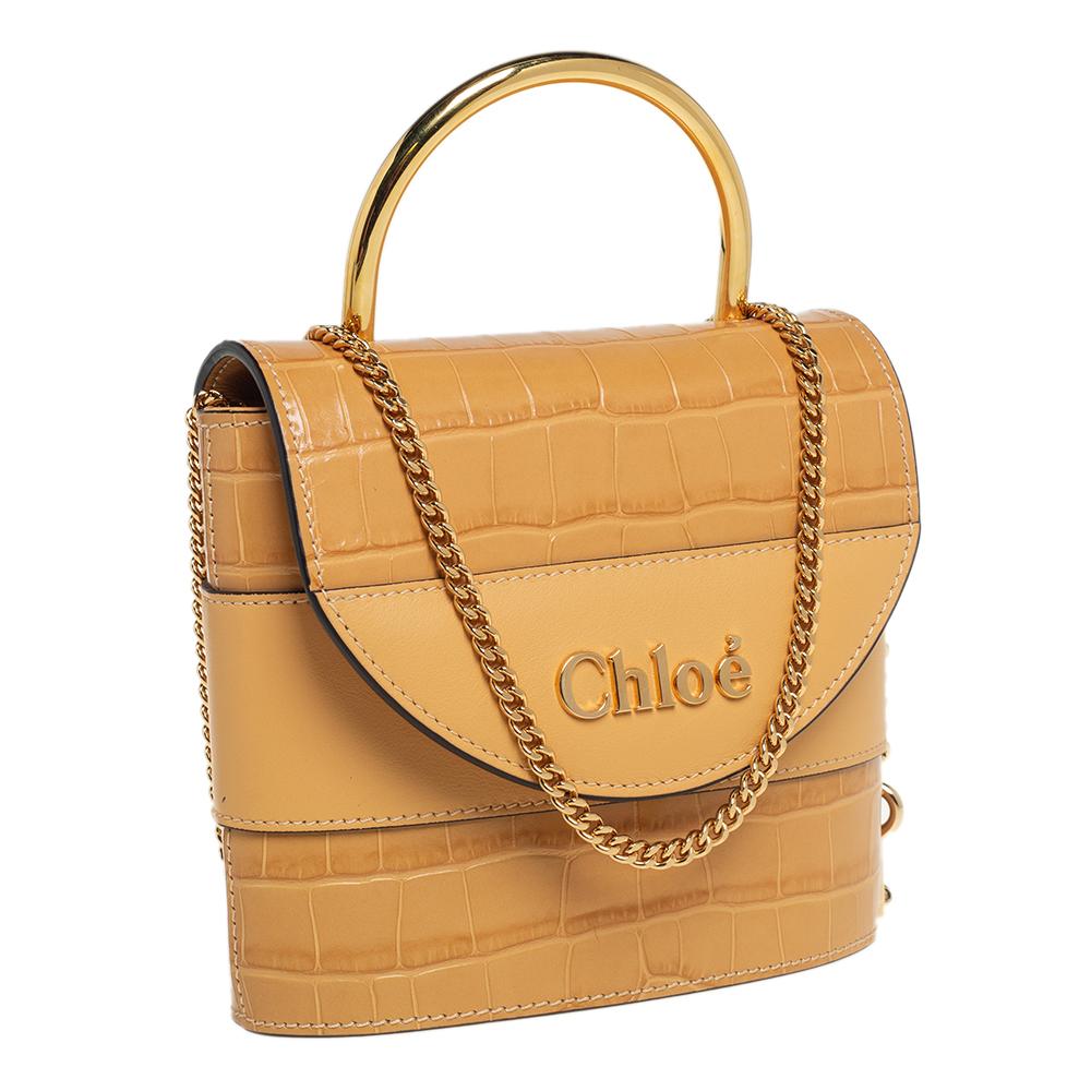 Orange Chloe Beige Croc Embossed Leather Aby Lock Crossbody Bag