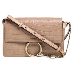 Chloe Beige Croc Embossed Leather Small Faye Shoulder Bag