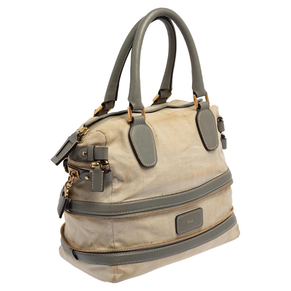 Chloe Beige/Grey Leather and Fabric Andy Expandable Satchel In Good Condition In Dubai, Al Qouz 2