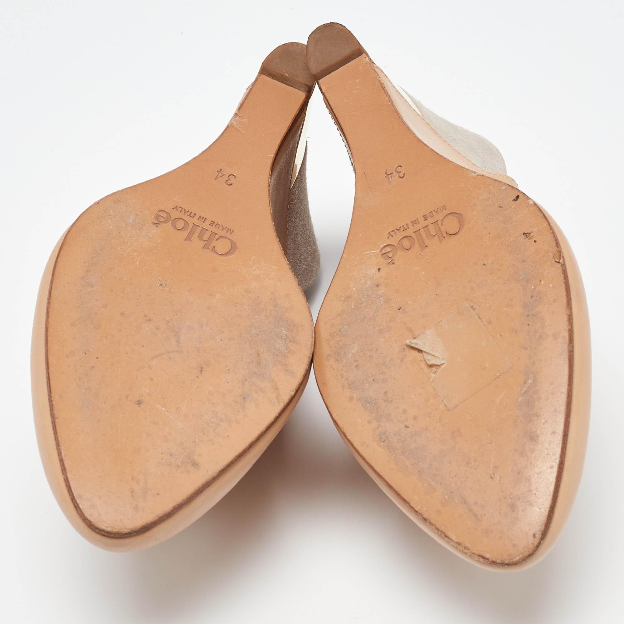 Chloe Beige/Grey Leather and Suede Wedge Slingback Pumps Size 34 For Sale 2