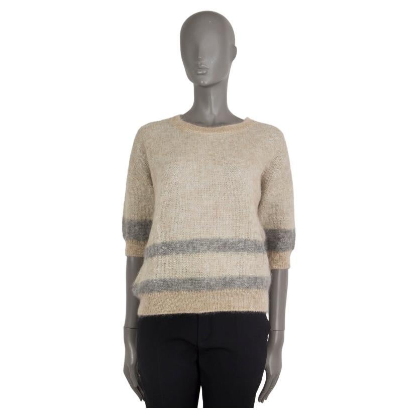 CHLOE beige & grey mohair & alpaca STRIPED SHORT SLEEVE Sweater XS