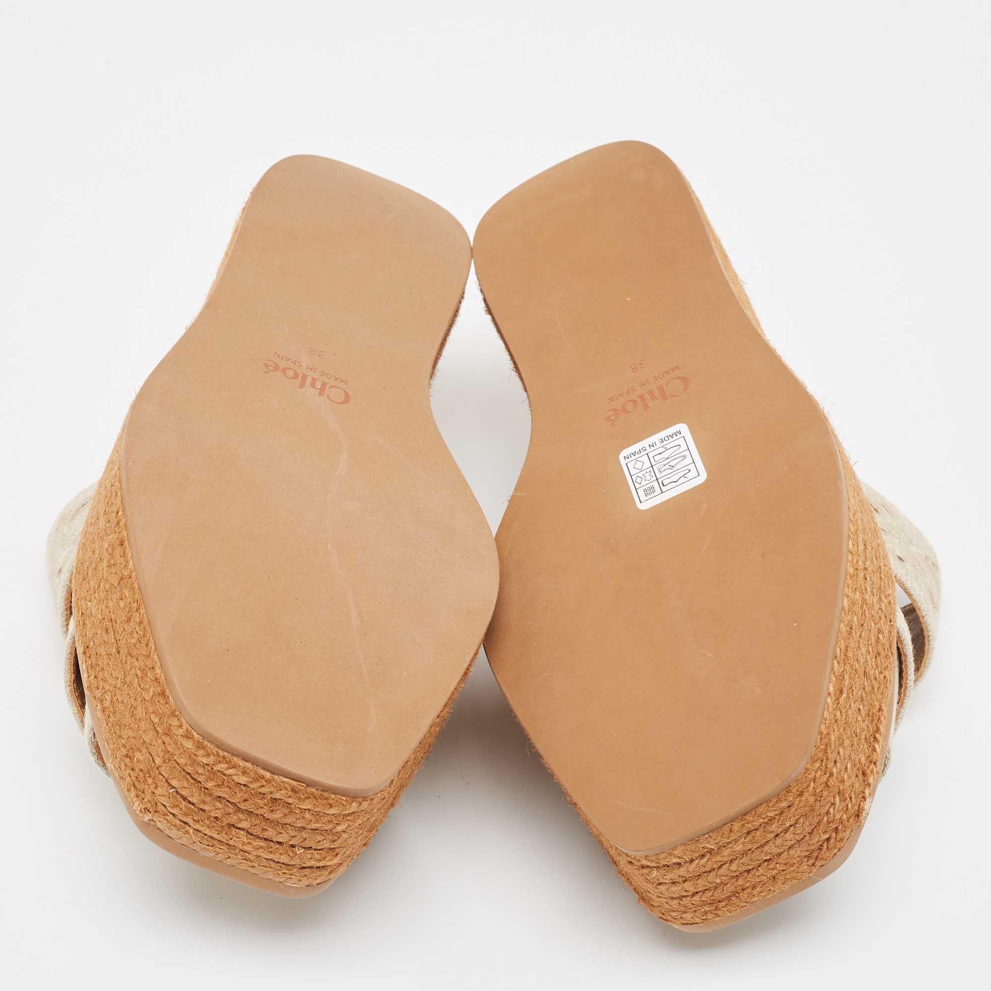 Chloe Beige Laser Cut Canvas Wedge Platform Espadrille Slide Sandals Size 38 For Sale 1