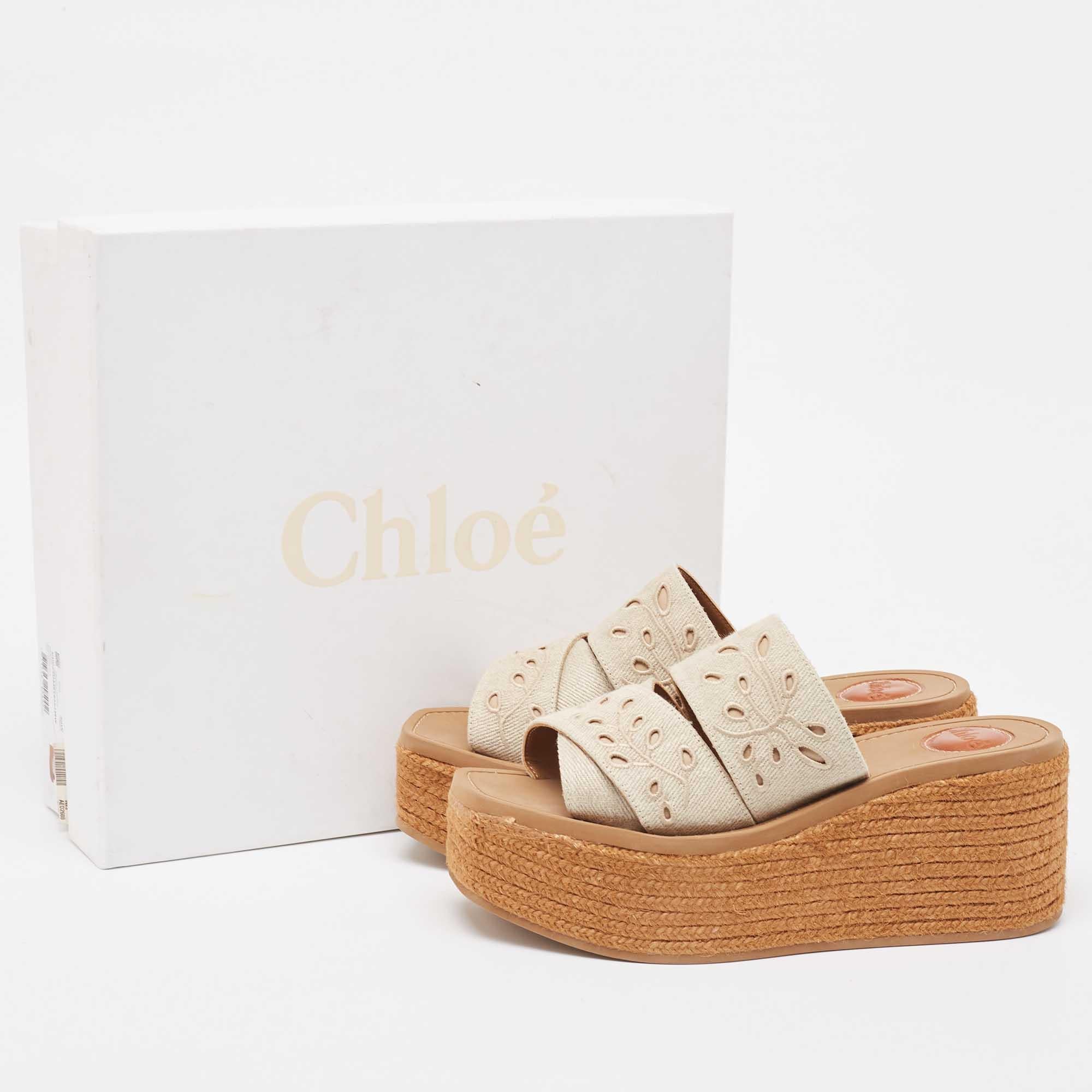 Chloe Beige Laser Cut Canvas Wedge Platform Espadrille Slide Sandals Size 38 For Sale 5