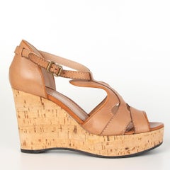 CHLOE beige leather CORK WEDGE  Sandals Shoes 37.5