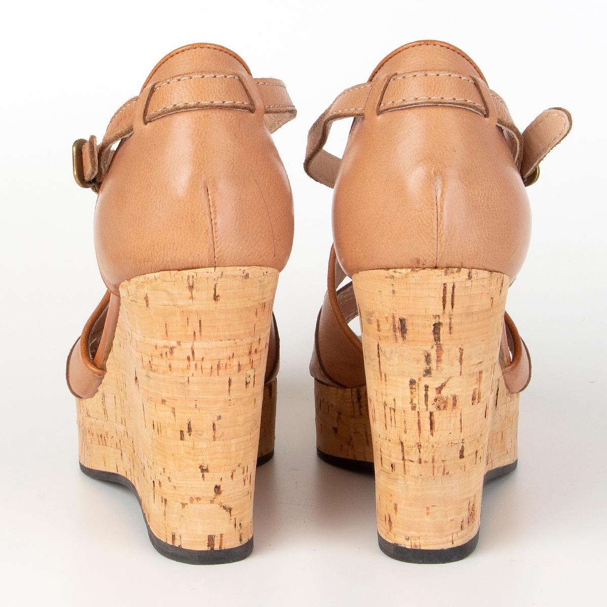 CHLOE beigefarbenes Leder CORK WEDGE  Sandalen Schuhe 37,5 Damen im Angebot