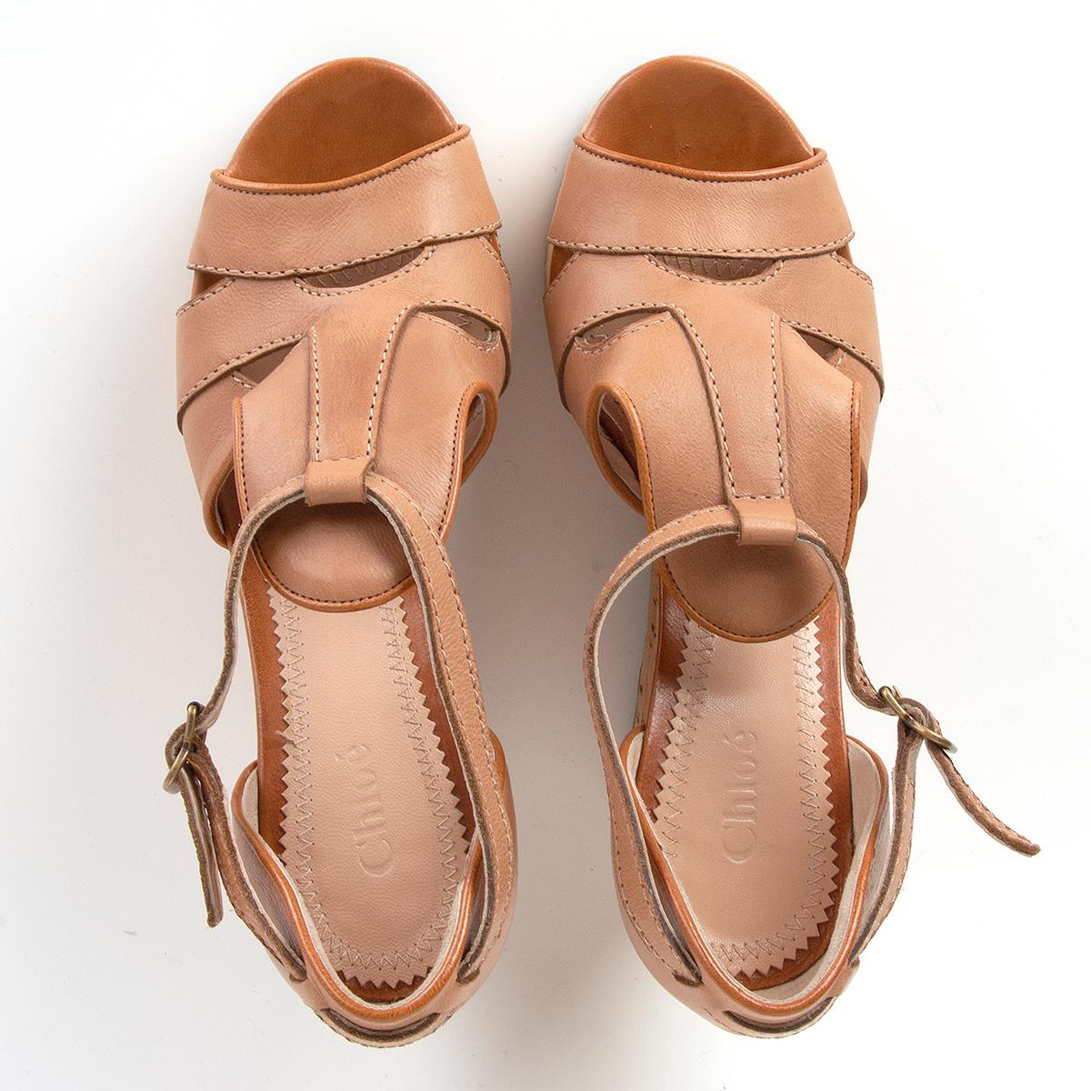 Orange CHLOE beige leather CORK WEDGE  Sandals Shoes 37.5 For Sale
