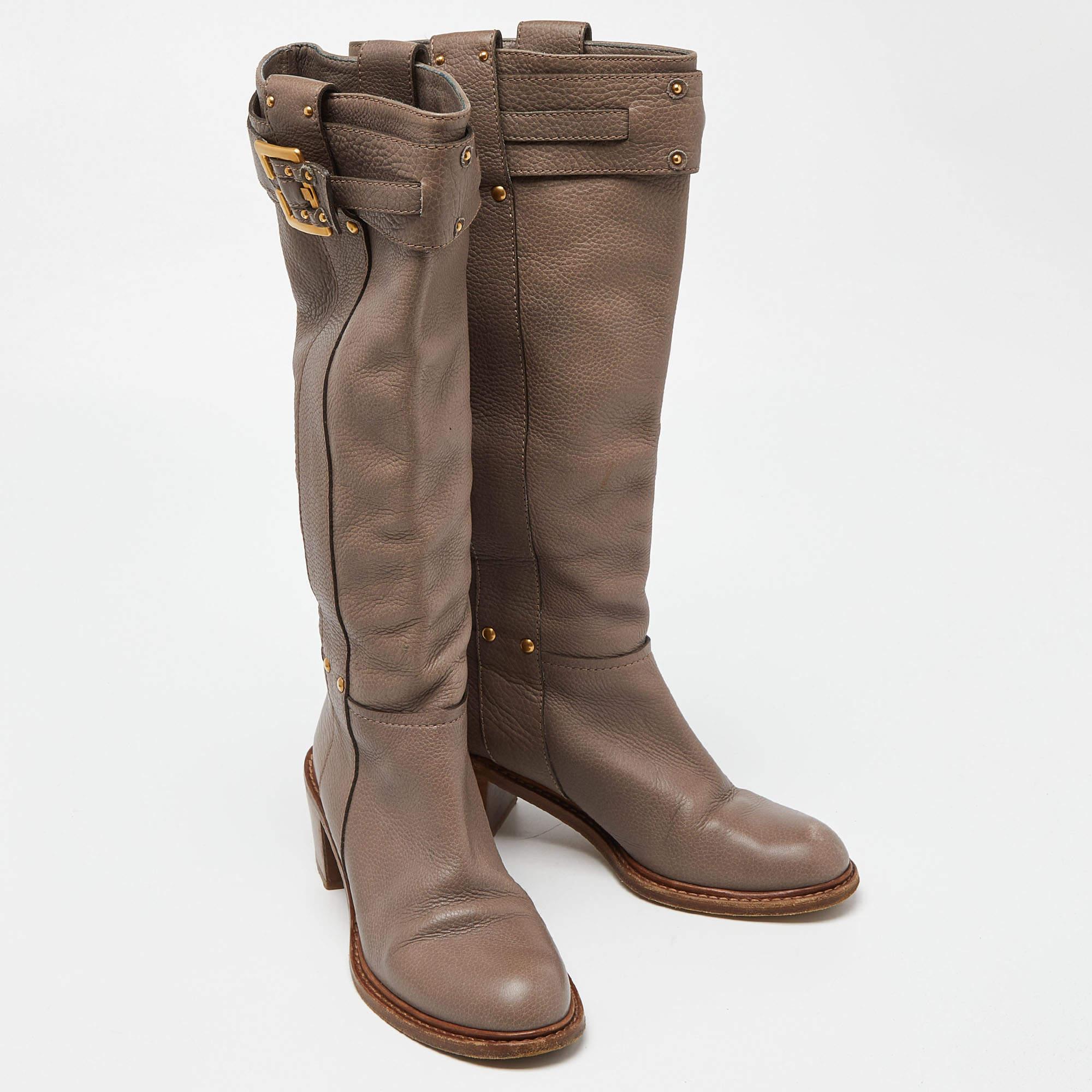 Women's Chloe Beige Leather Knee Length Boots Size 37