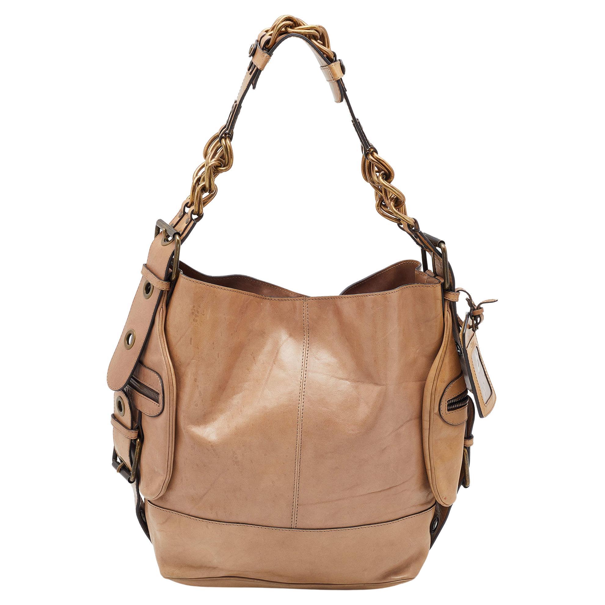 Chloe Beige Leather Large Chain Detail Hobo For Sale