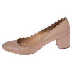 Chloe  Beige Leather Lauren Scallop Trim Block Heel Pumps Size 40.5