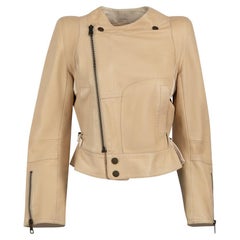 Chloé Veste de motard en cuir beige à épaules paddées Taille M