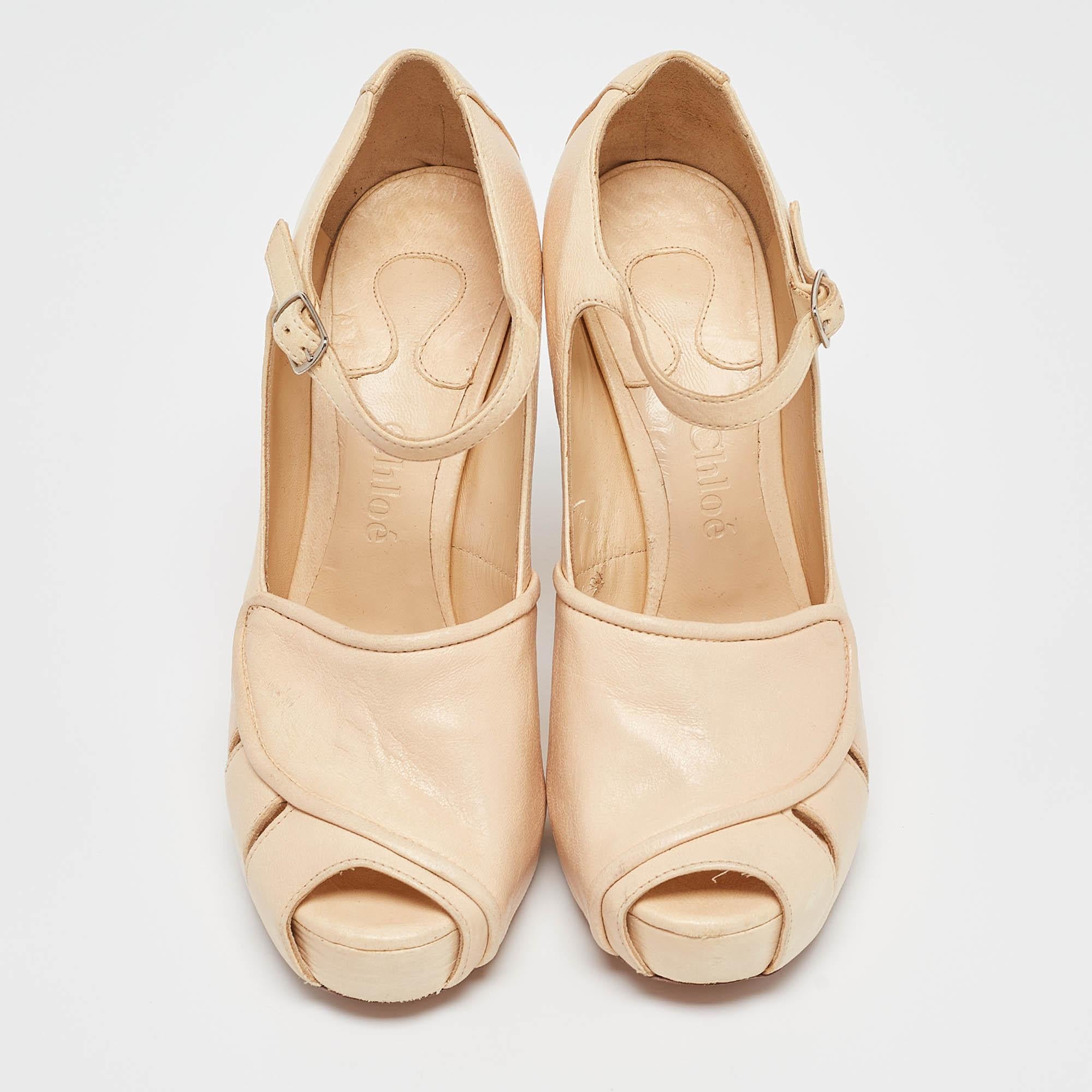 Chloe Beige Leather Peep Toe Mary Jane Pumps Size 38 In Good Condition In Dubai, Al Qouz 2