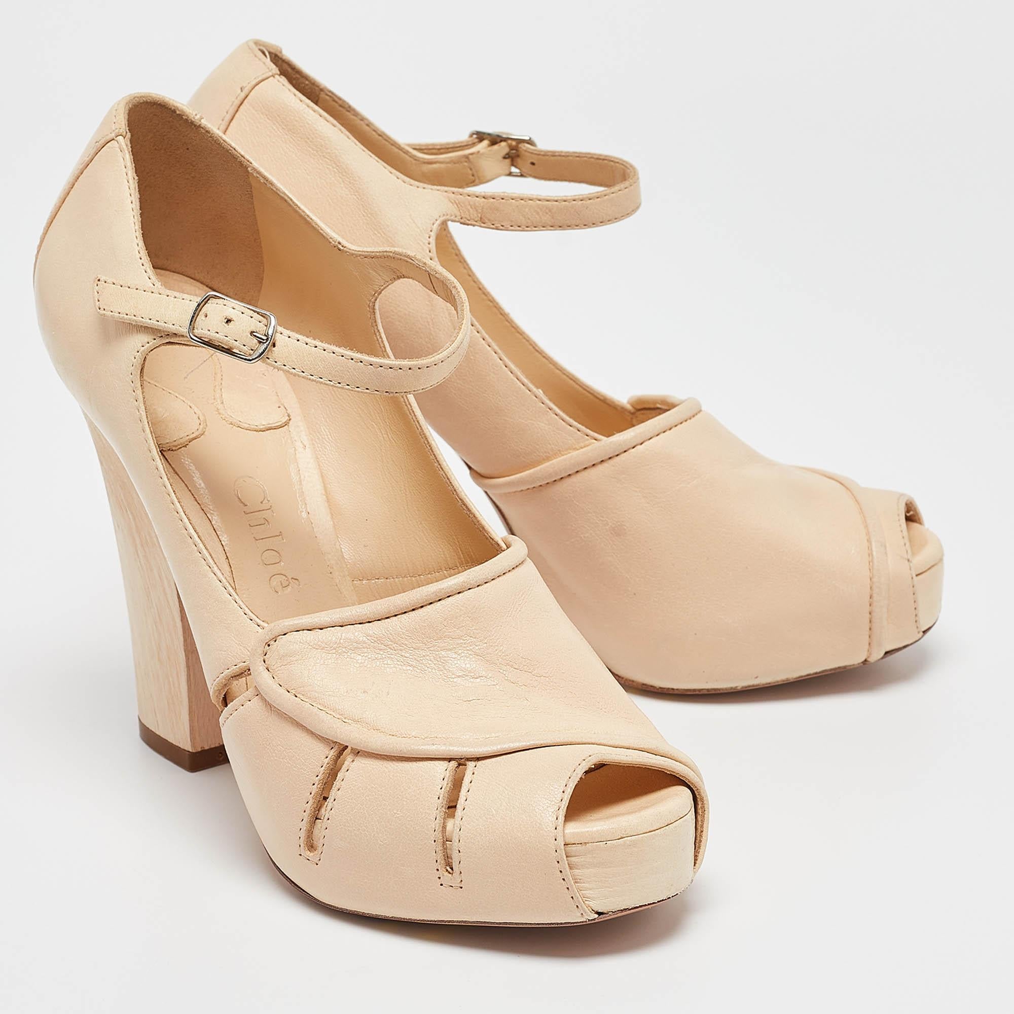 Women's Chloe Beige Leather Peep Toe Mary Jane Pumps Size 38