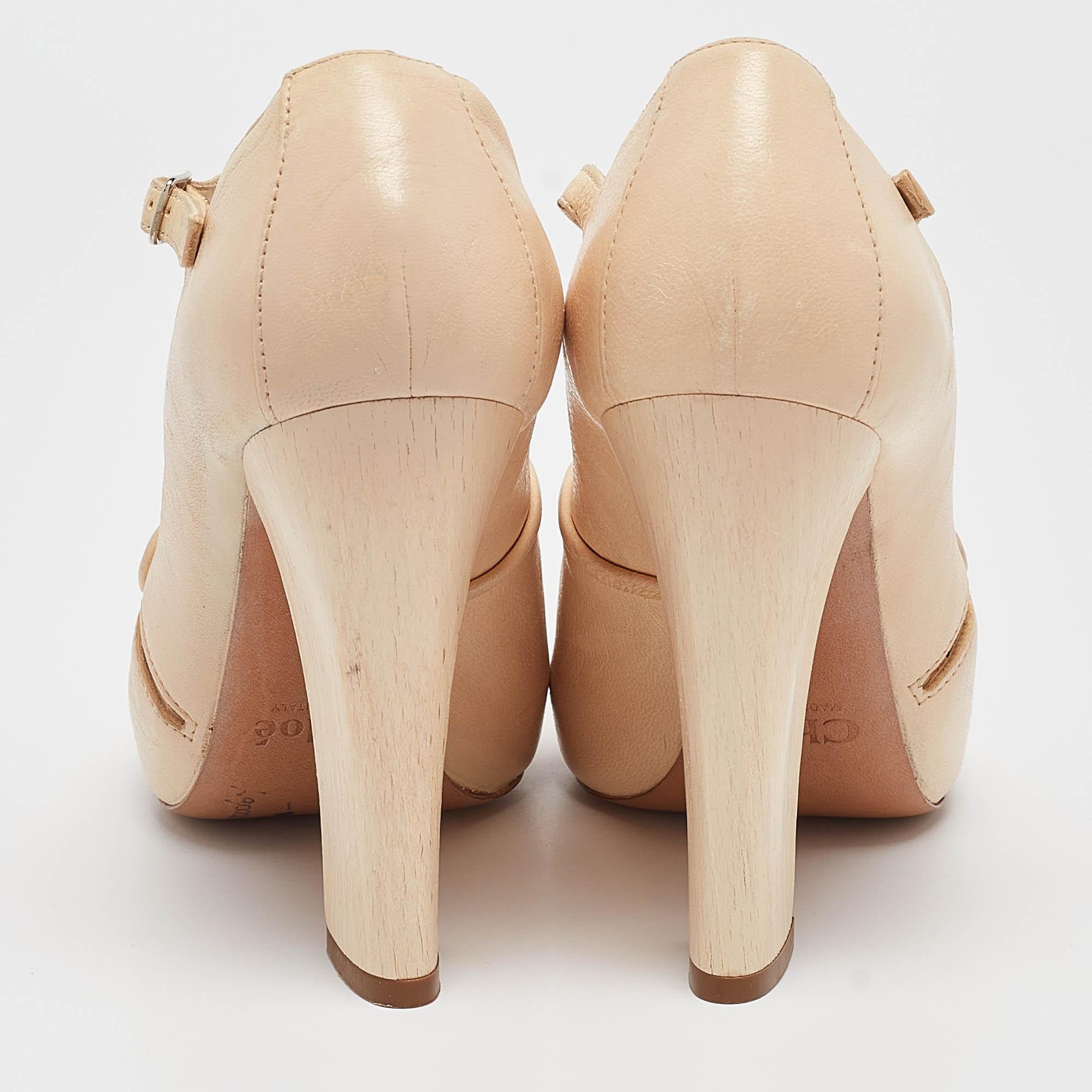 Chloe Beige Leather Peep Toe Mary Jane Pumps Size 38 1