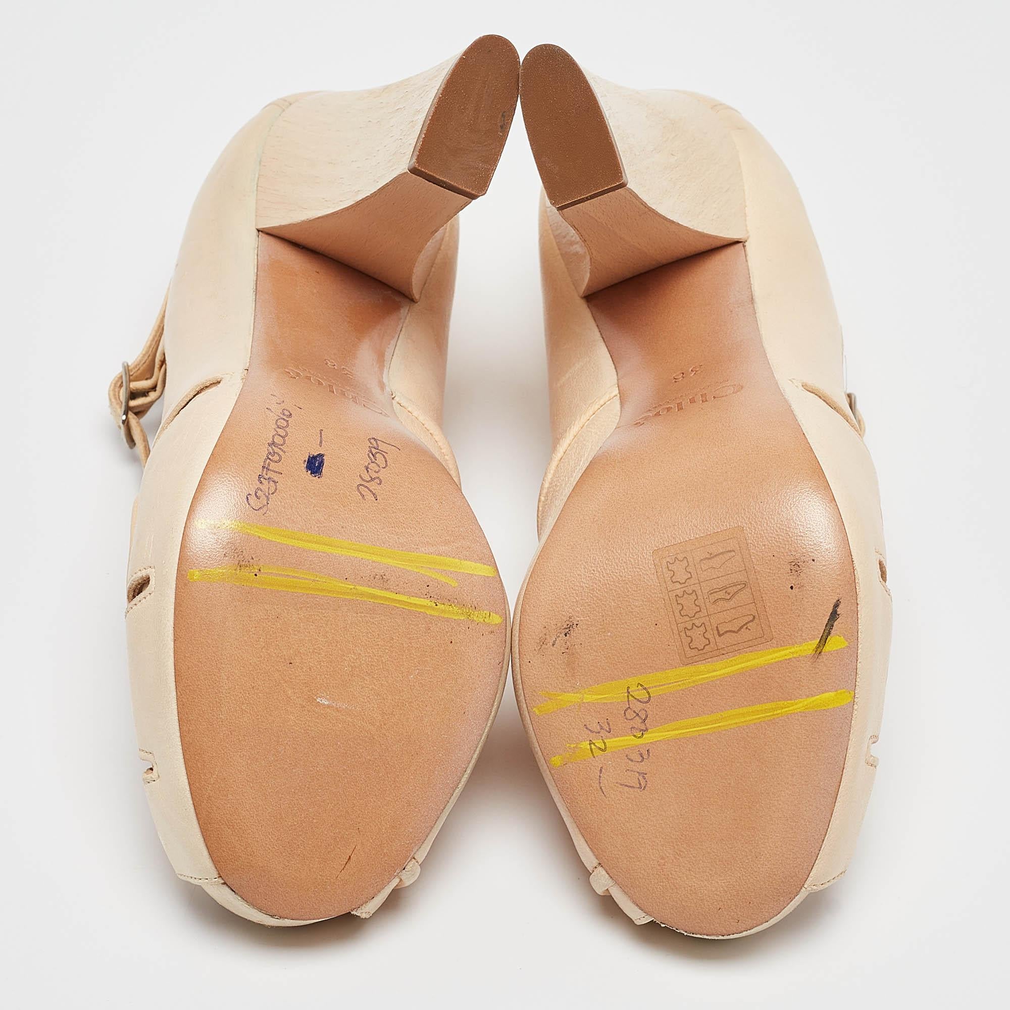 Chloe Beige Leather Peep Toe Mary Jane Pumps Size 38 2
