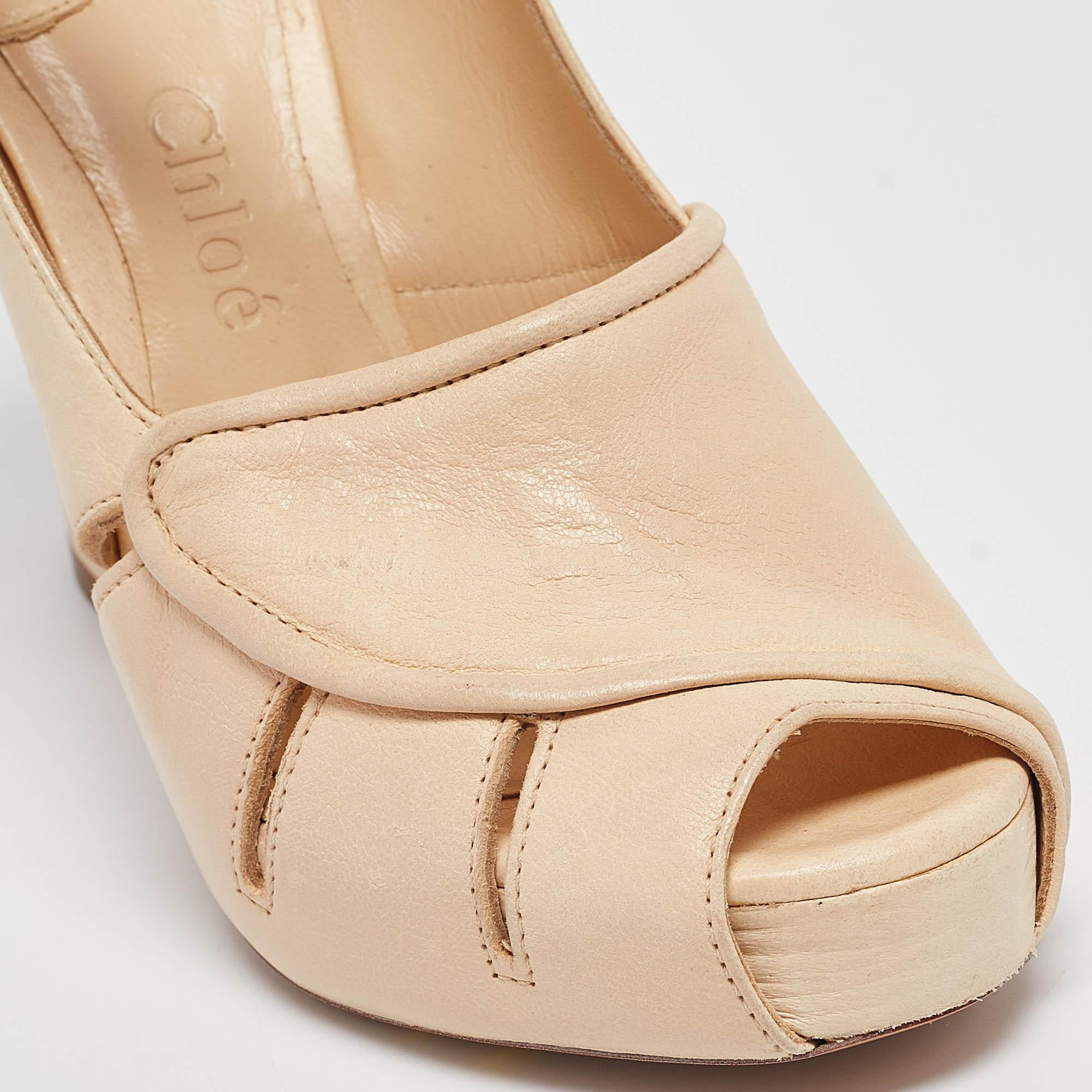 Chloe Beige Leather Peep Toe Mary Jane Pumps Size 38 3