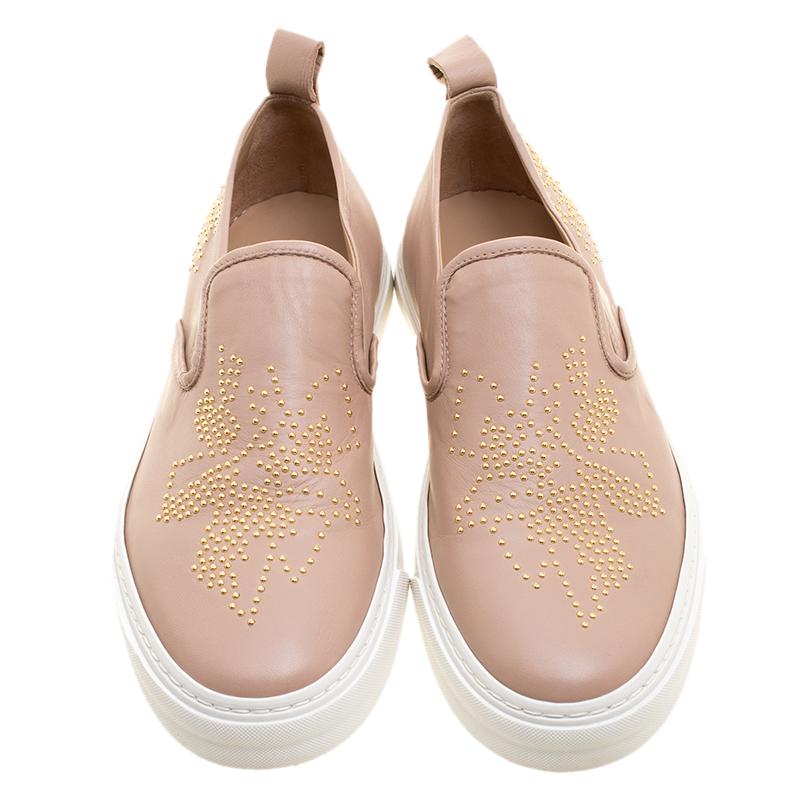 Chloe Beige Leather Stud Embellished Susanna Slip On Sneakers Size 40 1