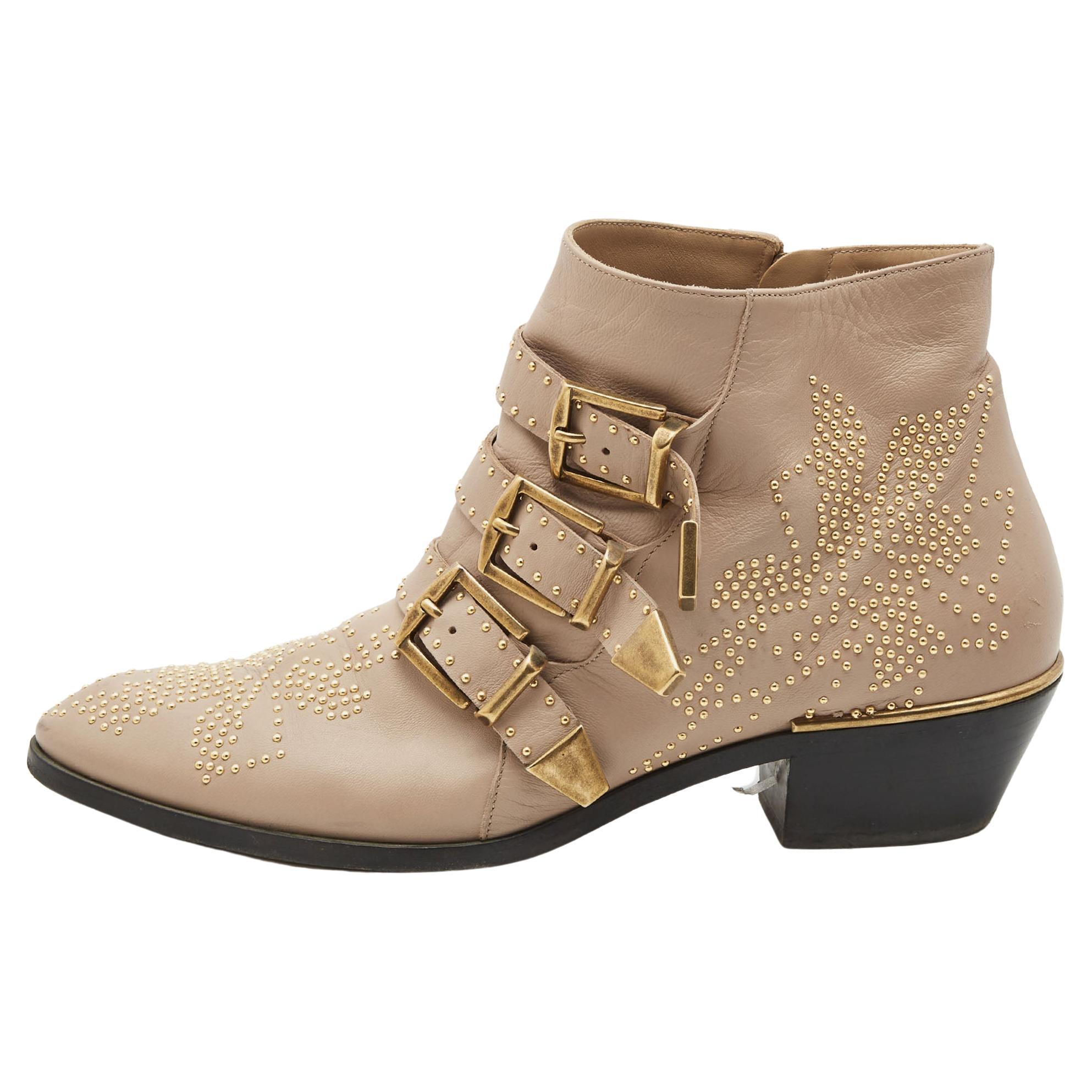 Chloe Beige Leather Studded Susanna Ankle Boots Size 39