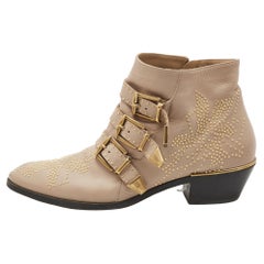 Used Chloe Beige Leather Studded Susanna Ankle Boots Size 39