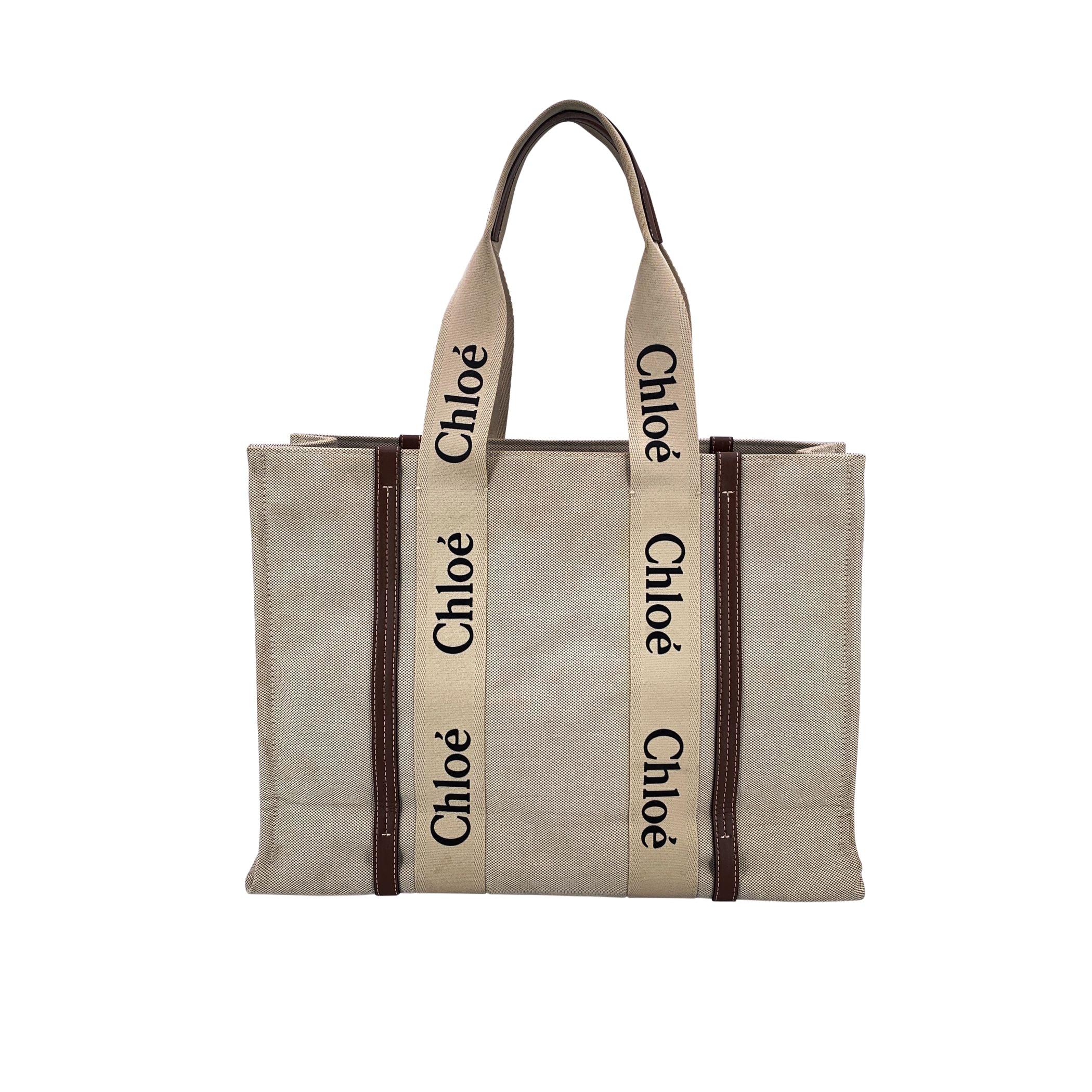 Chloe Beige Leinen Canvas und Leder Große Woody Tote Bag im Zustand „Hervorragend“ im Angebot in Rome, Rome