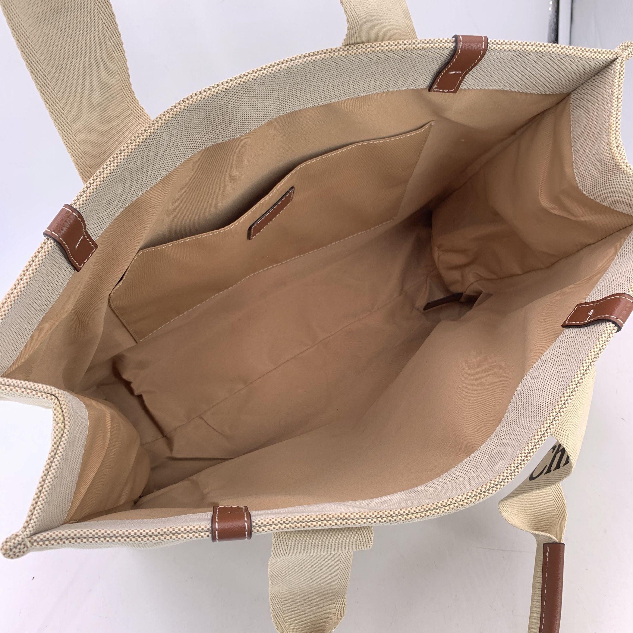 Chloe Beige Leinen Canvas und Leder Große Woody Tote Bag für Damen oder Herren im Angebot