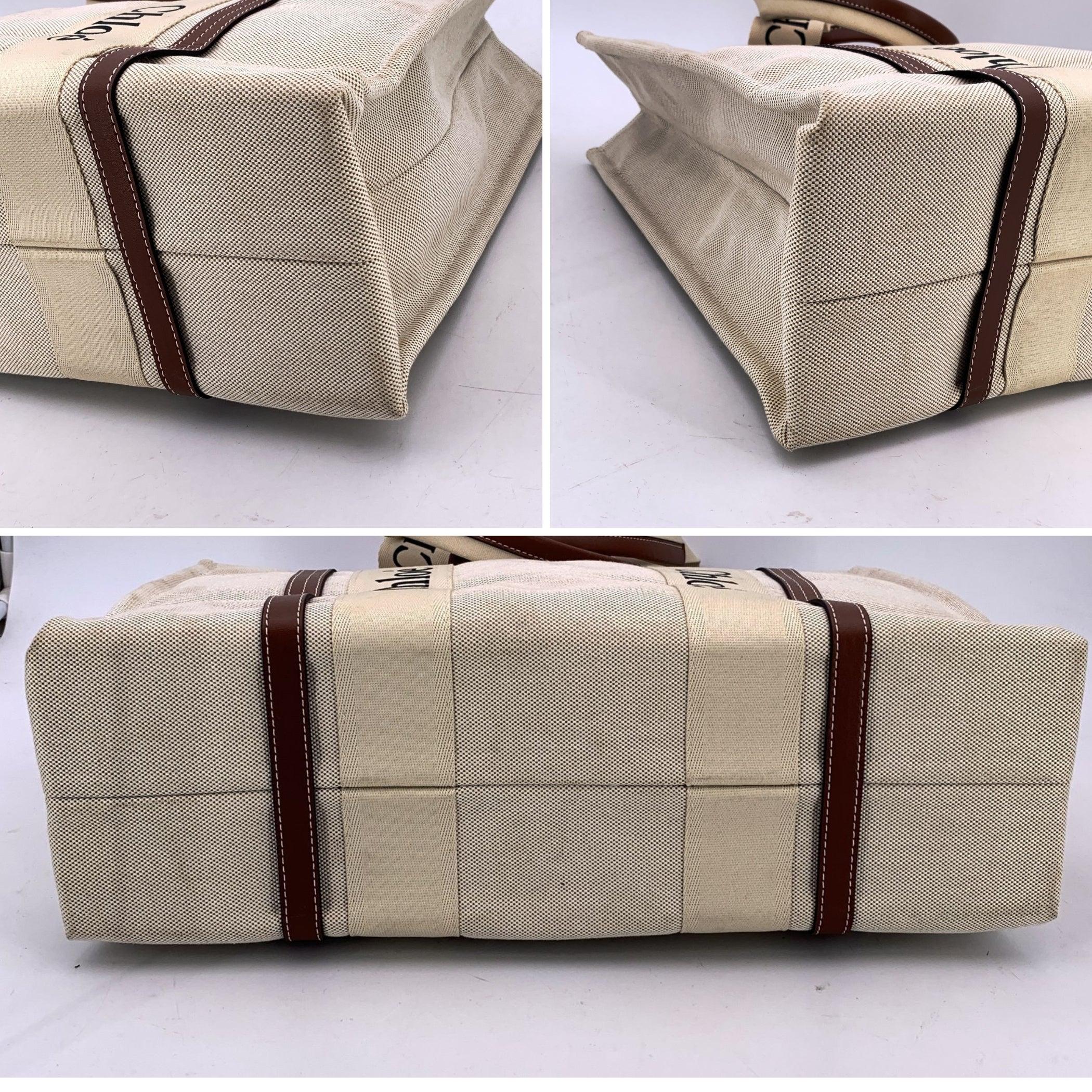 Chloe Beige Leinen Canvas und Leder Große Woody Tote Bag im Angebot 2