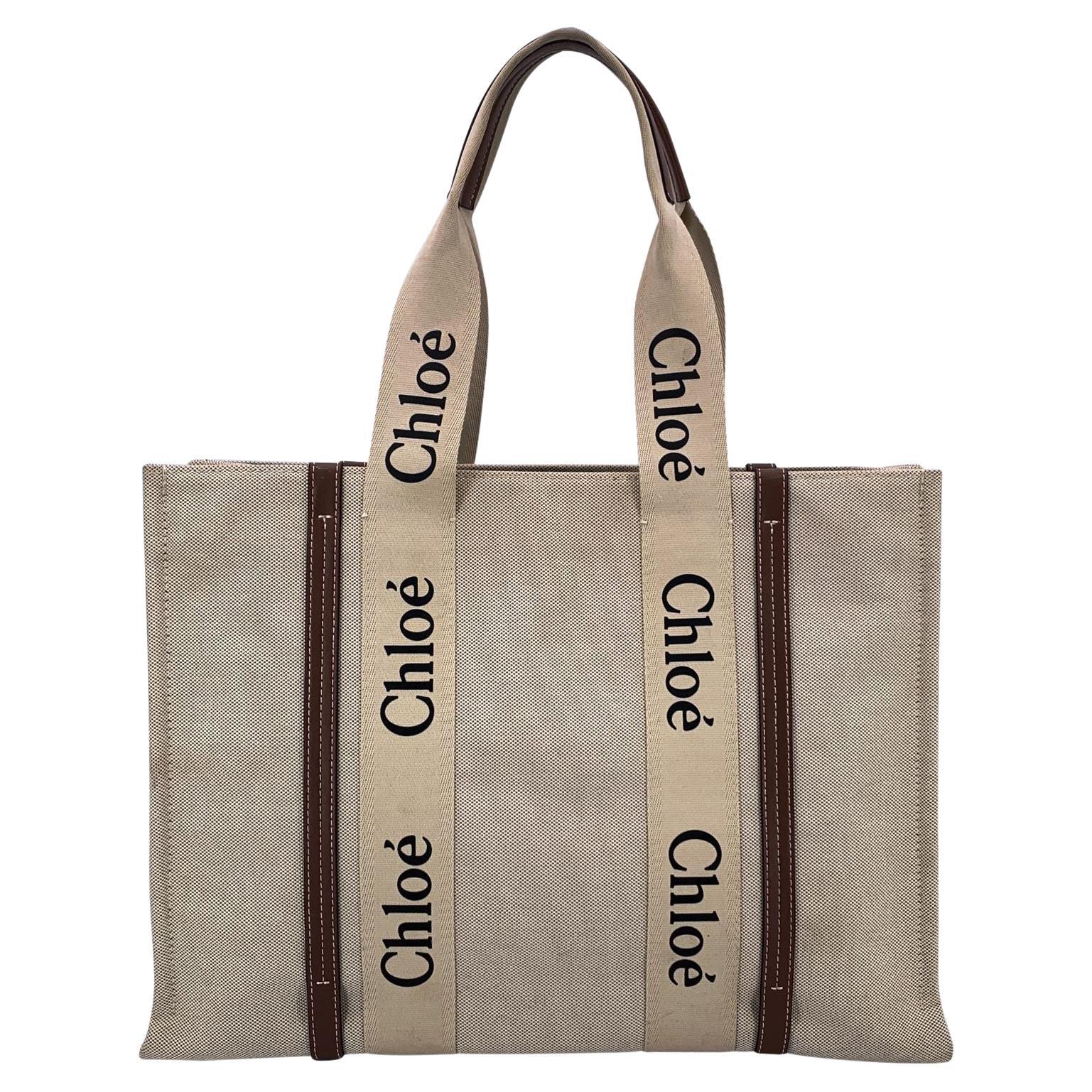 Chloe Beige Linen Canvas and Leather Large Woody Tote Bag