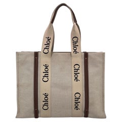 Chloe Beige Linen Canvas and Leather Large Woody Tote Bag